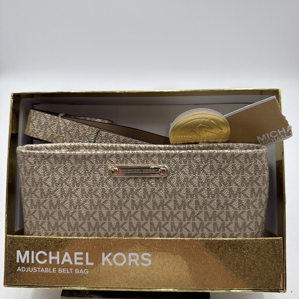 NWT Michael Kors Gift Box MK Signature Belt Wallet Waist Bag Size L/XL Pale Gold